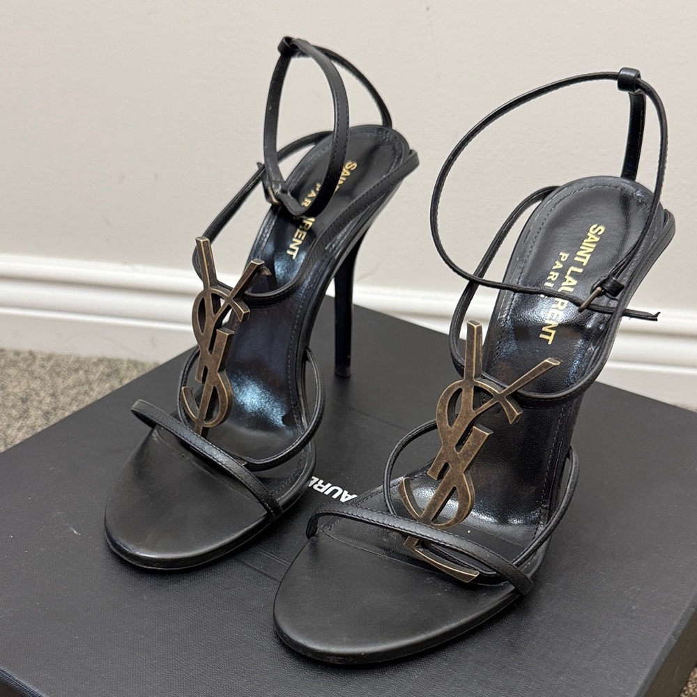 Saint Laurent CASSANDRA Black Strappy Heeled Sandals with Gold YSL size 38.5 - Picture 4 of 11